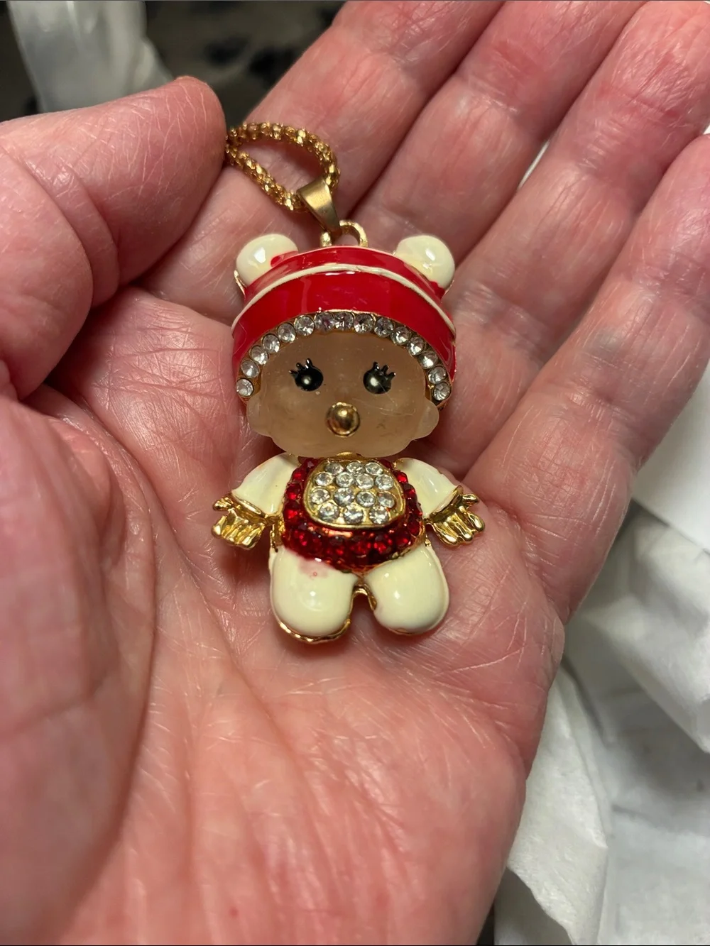 Moveable baby girl Pendant Necklace in Red, Cream & Gold